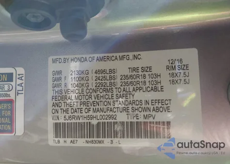 2017 Honda Cr-V Ex z USA, uszkodzony, nr VIN 5J6RW1H59HL002992